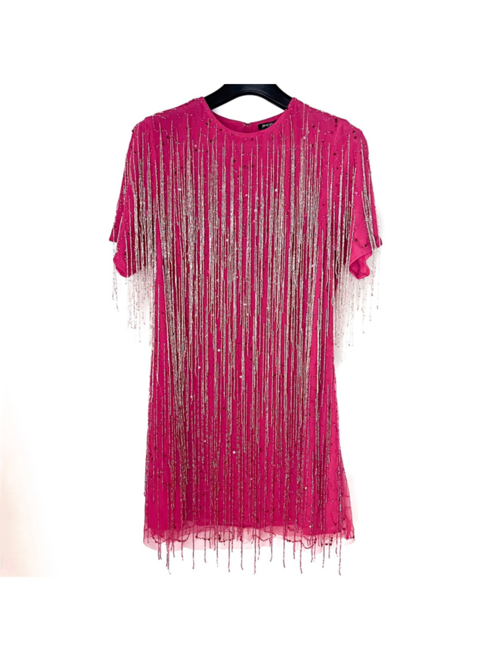 Nasty Gal Women's Pink Tassel Beaded Short Sleeves Mini Shift Dress Size 14